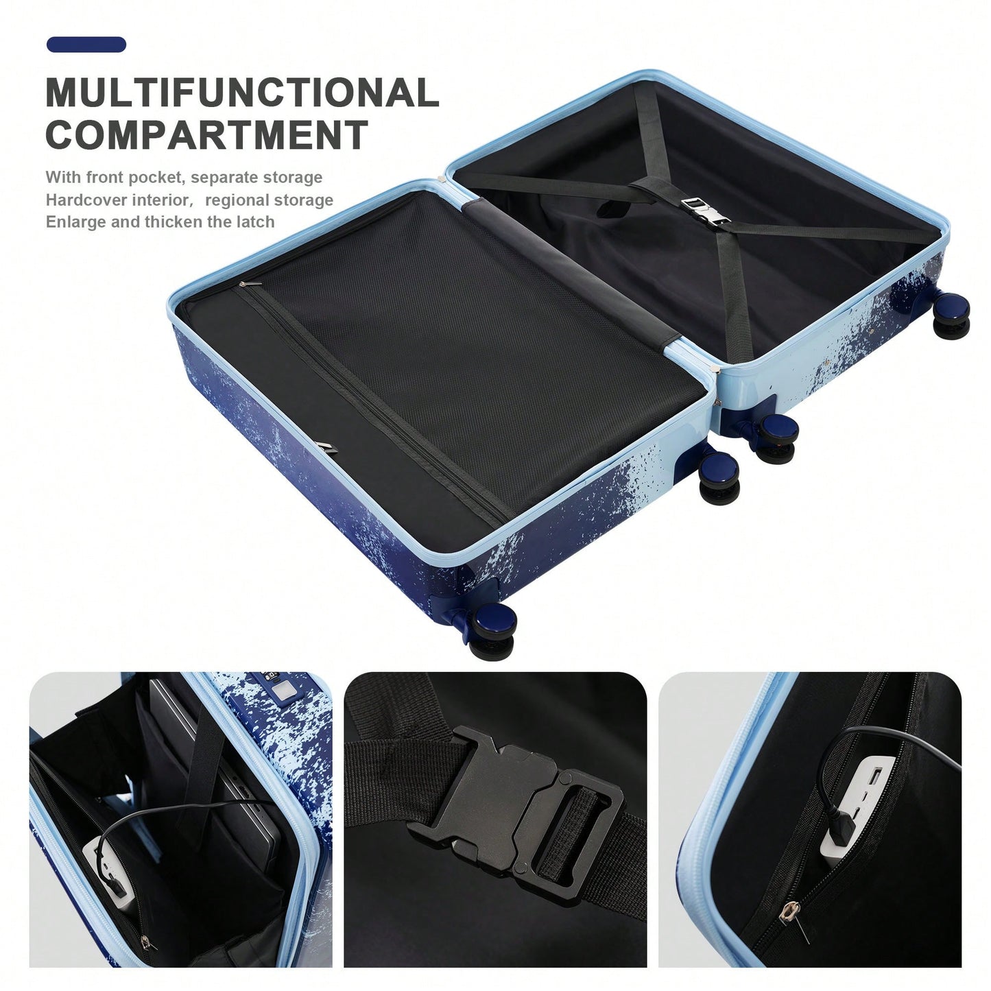 3 Piece Hard Shell Luggage Set With Front Pocket, 20 24 Inch Carry-On Bags, TSA Lock, USB Port, Universal Wheels, Gradient Blue Design