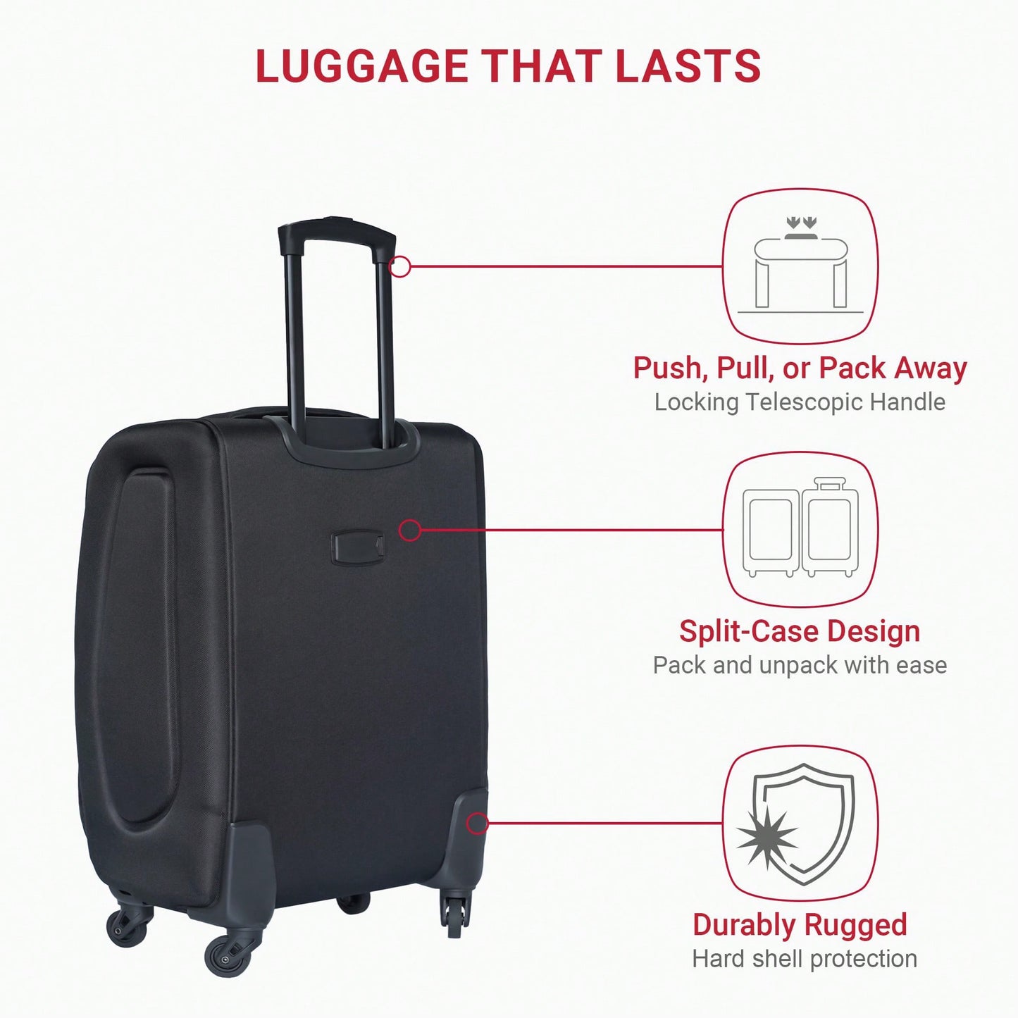 Compact 20 Inch Black Suitcase For Travel With Spinner Wheels And Expandable Design