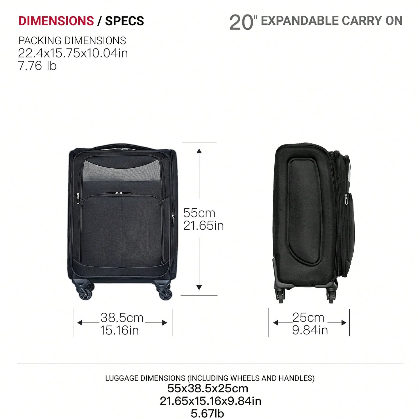 Compact 20 Inch Black Suitcase For Travel With Spinner Wheels And Expandable Design