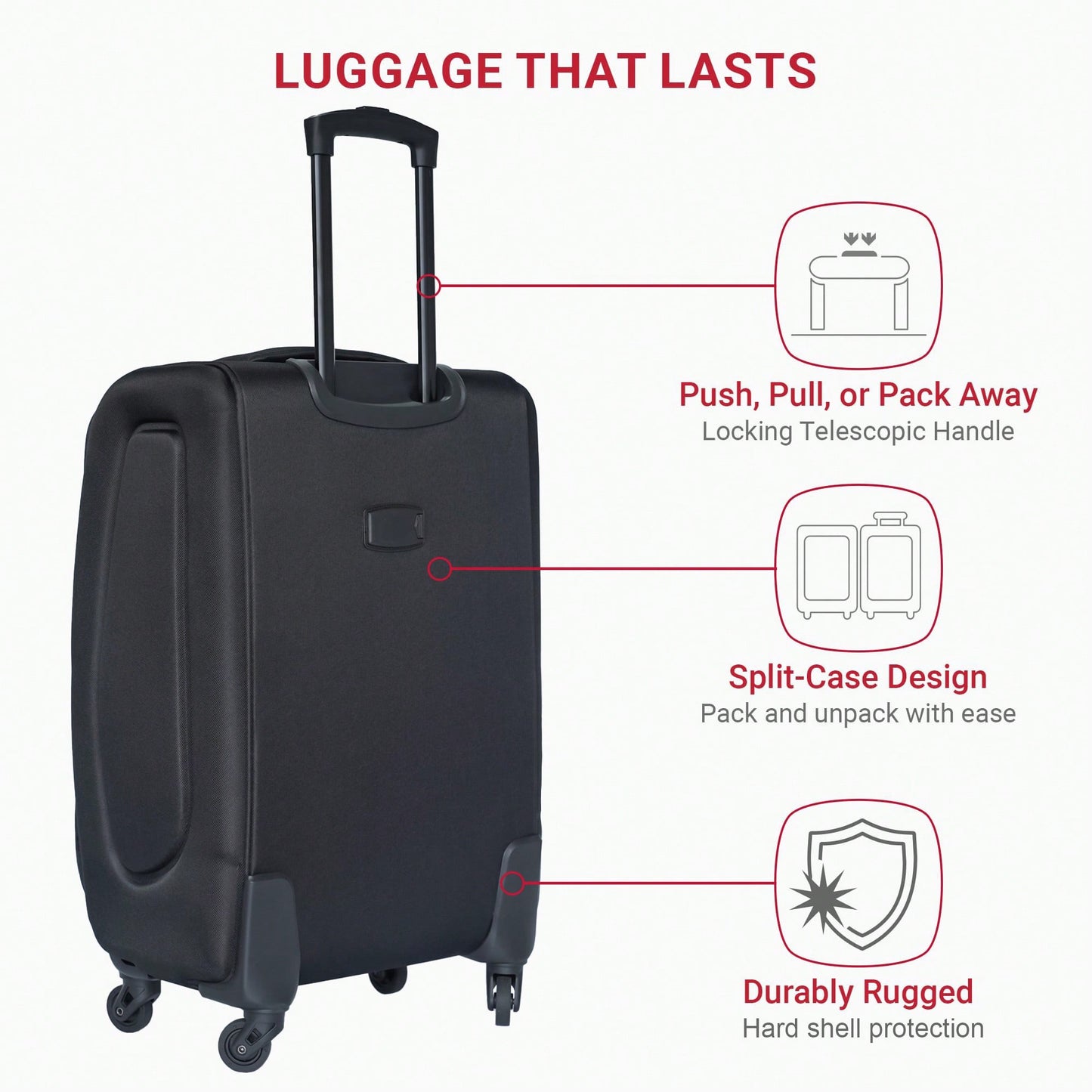 24 Inch Black Hard Shell Suitcase With Spinner Wheels And Expandable Design For Travel