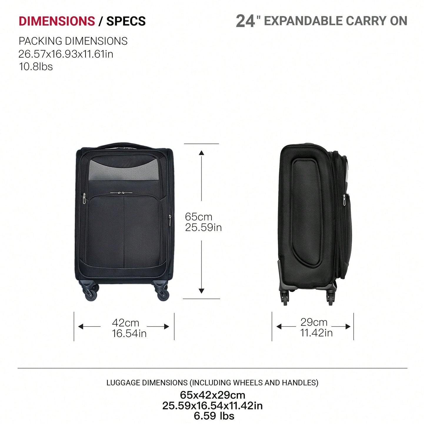 24 Inch Black Hard Shell Suitcase With Spinner Wheels And Expandable Design For Travel