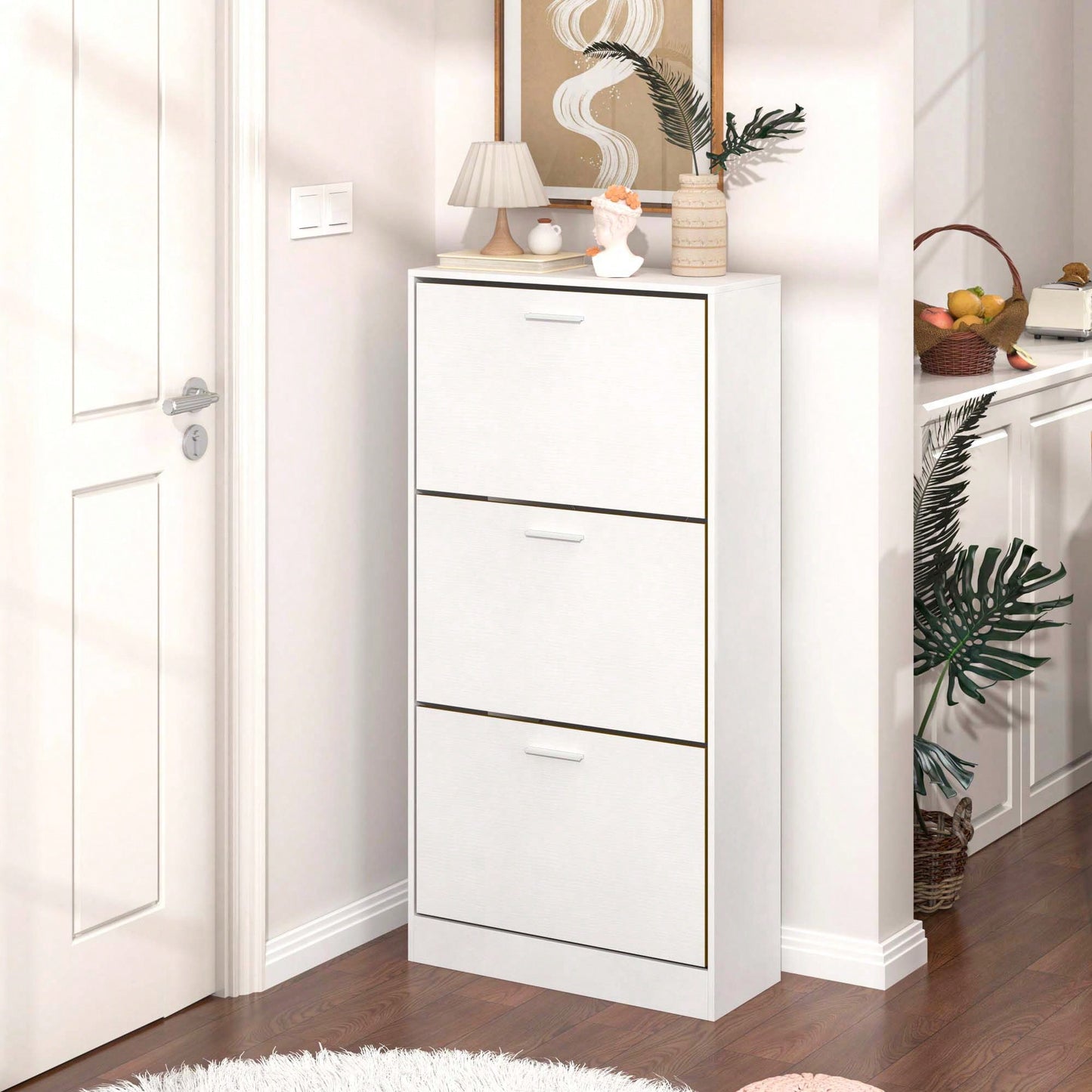 Modern White Slender Shoe Cabinet With 3 Upside Down Drawers For Corridor Bedroom Or Living Room Entrance