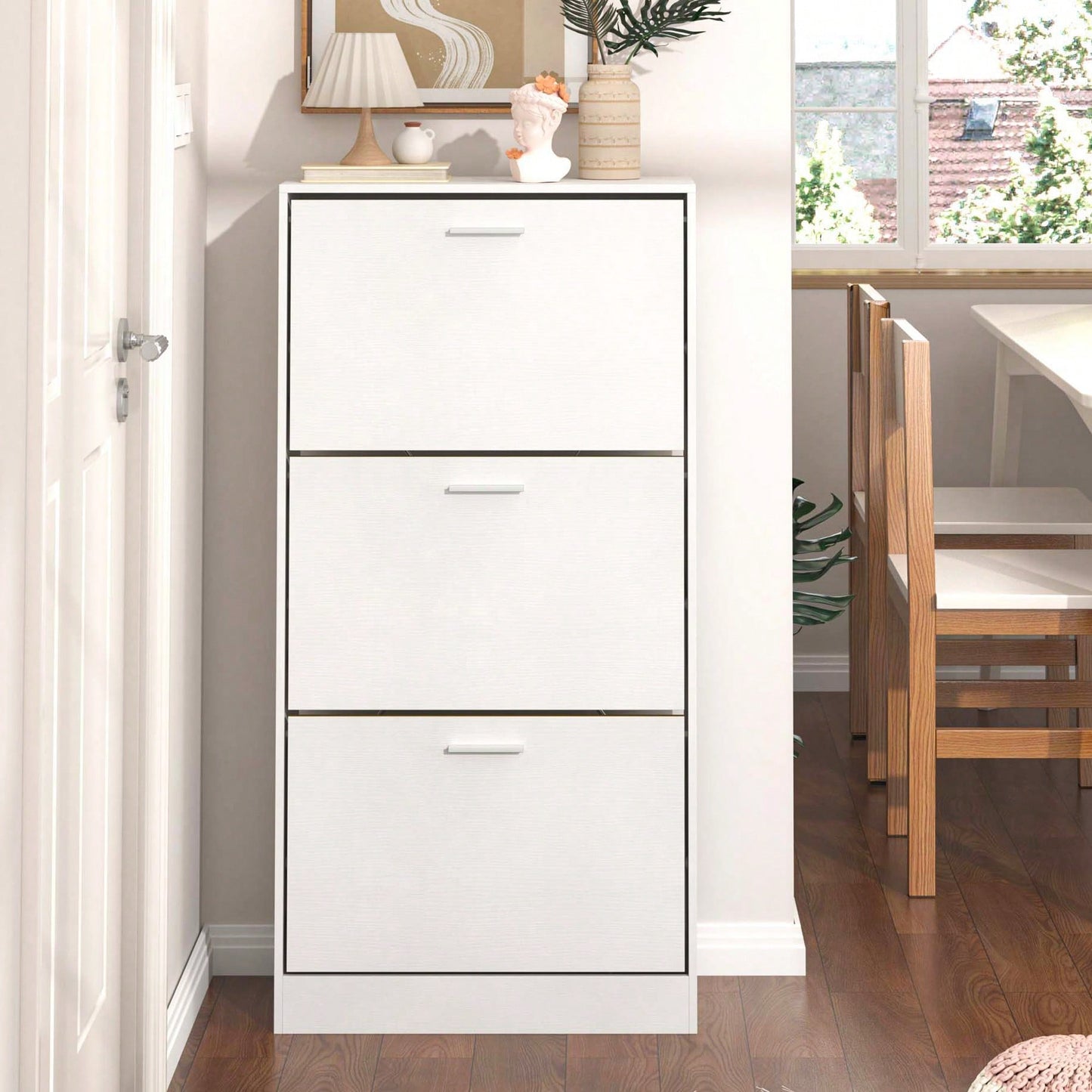 Modern White Slender Shoe Cabinet With 3 Upside Down Drawers For Corridor Bedroom Or Living Room Entrance