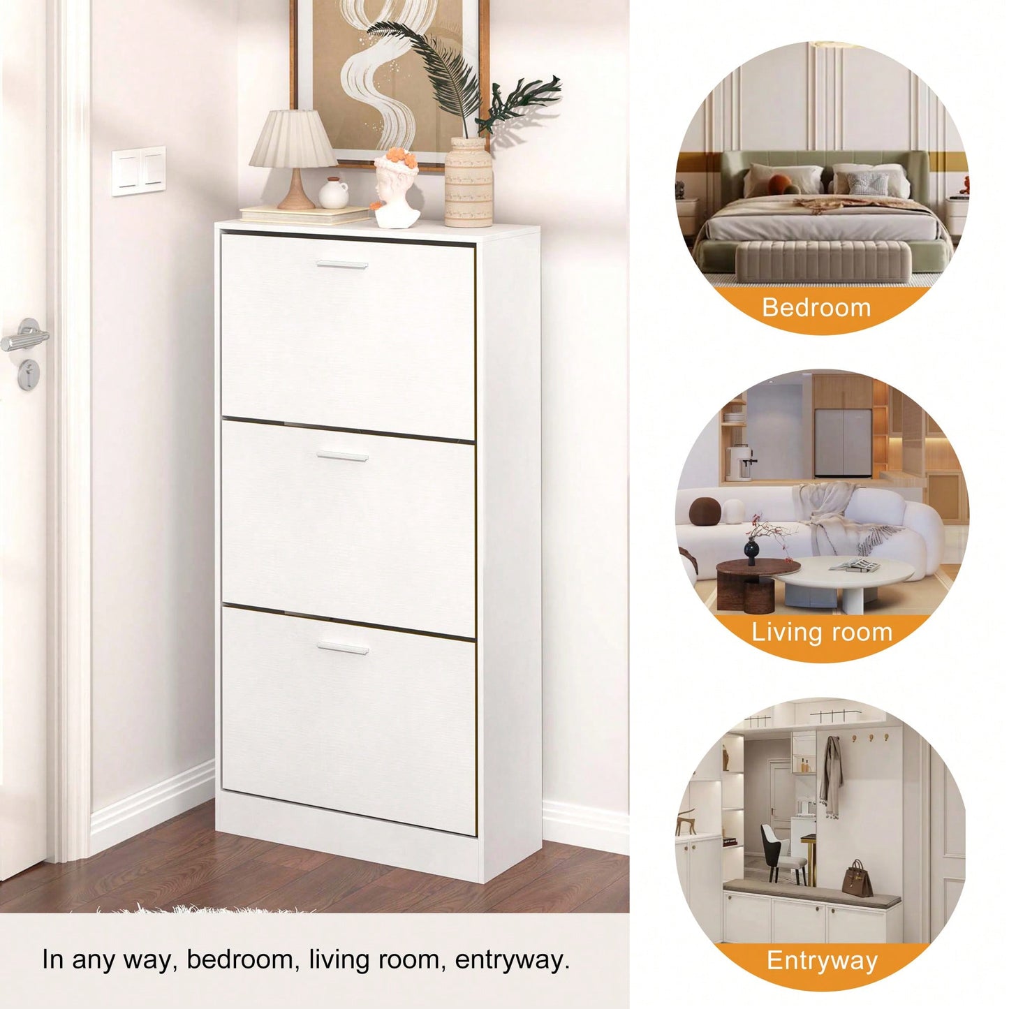 Modern White Slender Shoe Cabinet With 3 Upside Down Drawers For Corridor Bedroom Or Living Room Entrance