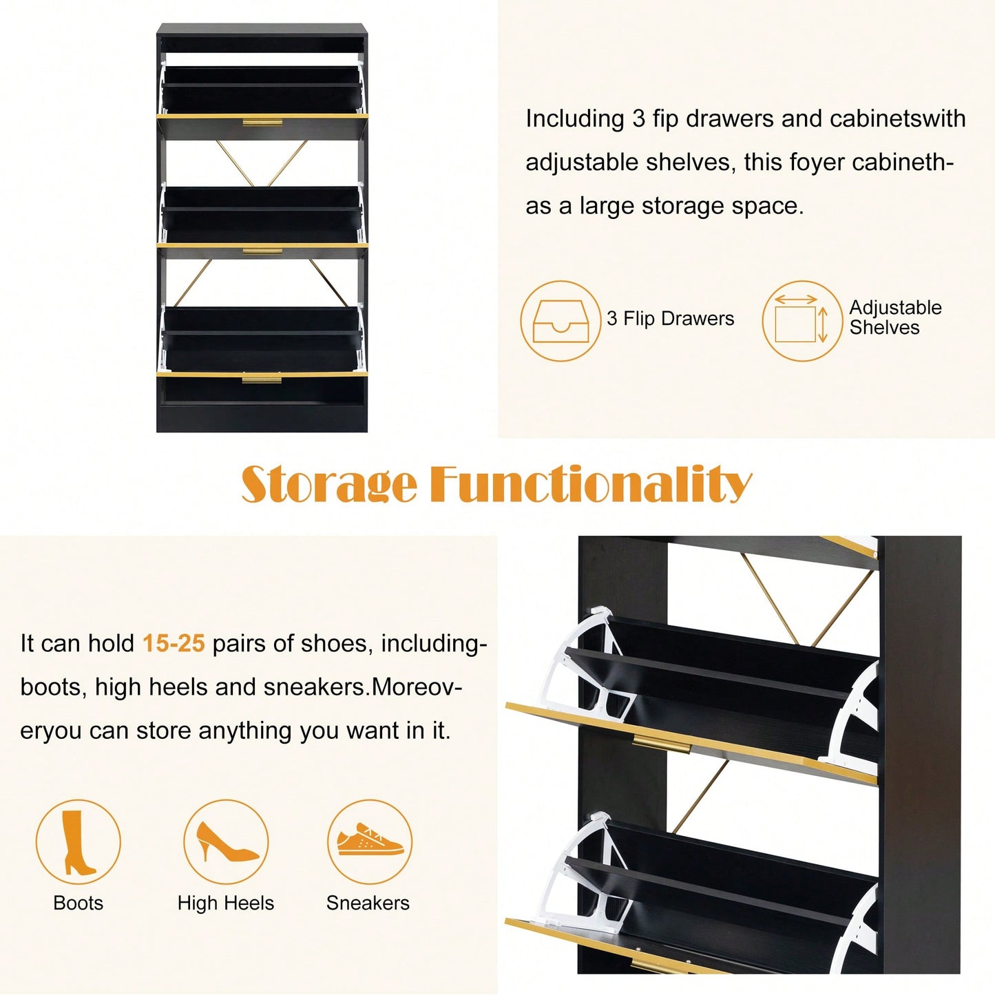 Modern White Slender Shoe Cabinet With 3 Upside Down Drawers For Corridor Bedroom Or Living Room Entrance