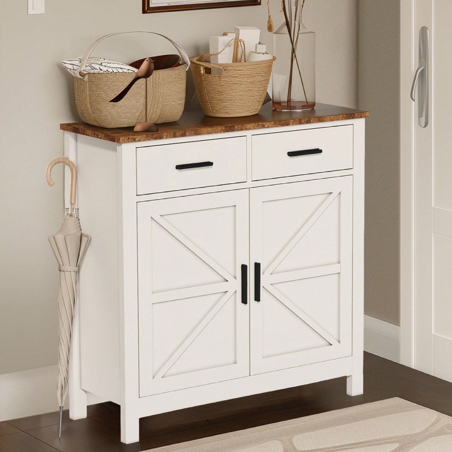 Modern Farmhouse Style Kitchen Storage Cabinet With 2 Drawers And 2 Doors Ideal For Living Room Dining Room Or Bathroom Use