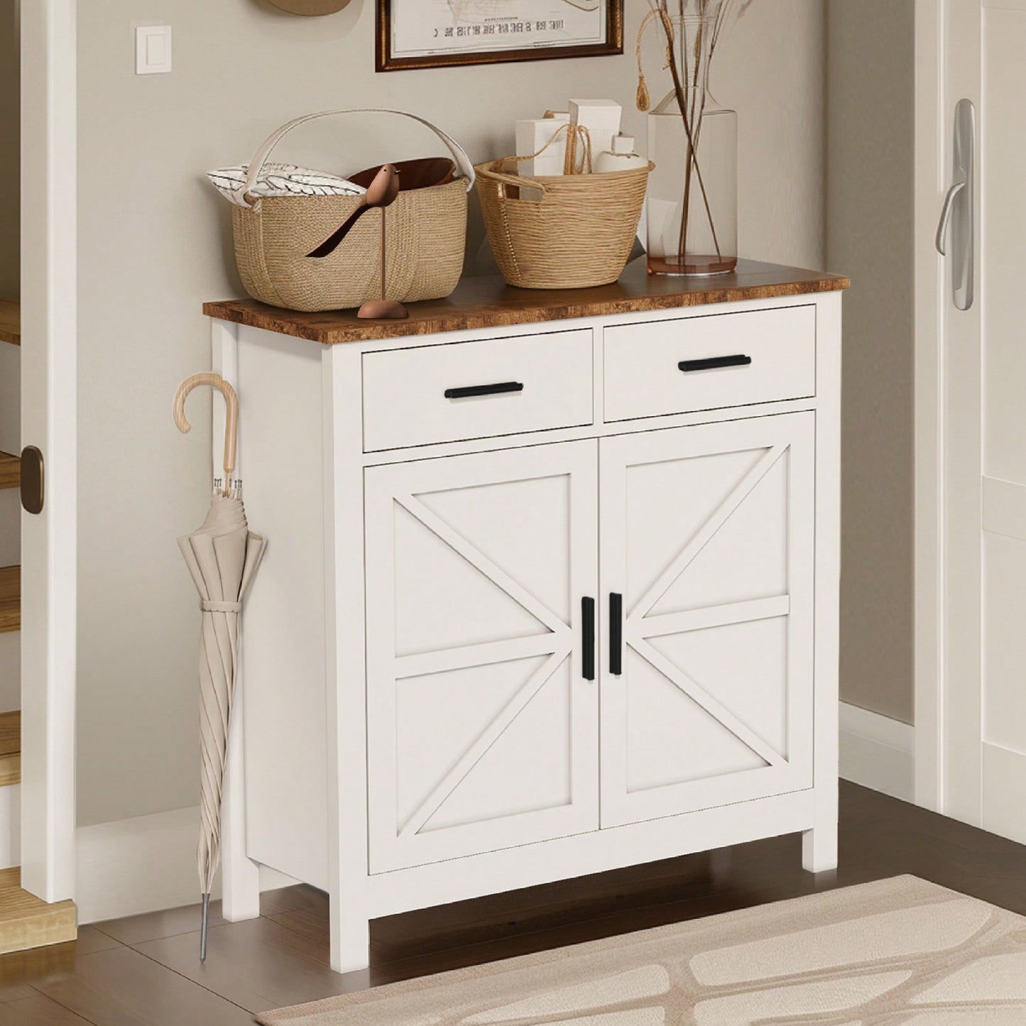 Modern Farmhouse Style Kitchen Storage Cabinet With 2 Drawers And 2 Doors Ideal For Living Room Dining Room Or Bathroom Use