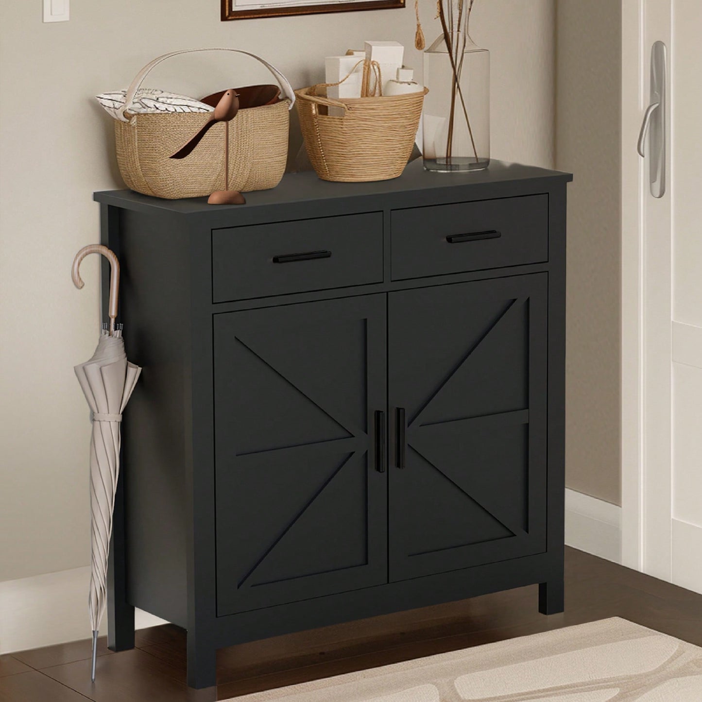 Modern Farmhouse Style Kitchen Storage Cabinet With 2 Drawers And 2 Doors Ideal For Living Room Dining Room Or Bathroom Use