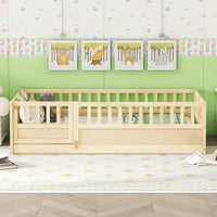 Montessori Twin Size Floor Bed With High Security Barrier And Door - Natural Wood Children's Bed Frame