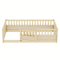 Montessori Twin Size Floor Bed With High Security Barrier And Door - Natural Wood Children's Bed Frame