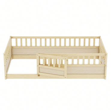 Montessori Twin Size Floor Bed With High Security Barrier And Door - Natural Wood Children's Bed Frame