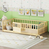 Montessori Twin Size Floor Bed With High Security Barrier And Door - Natural Wood Children's Bed Frame