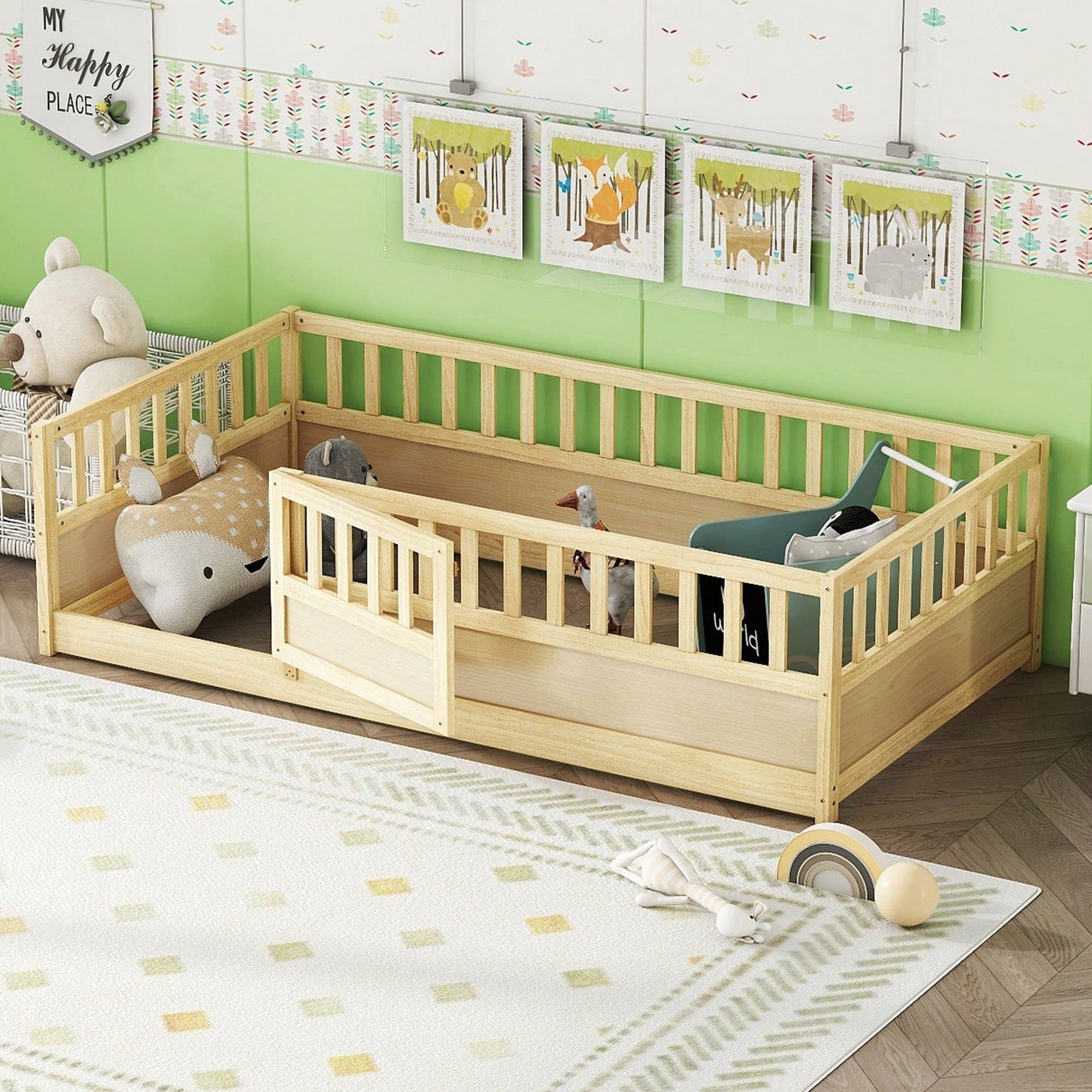 Montessori Twin Size Floor Bed With High Security Barrier And Door - Natural Wood Children's Bed Frame