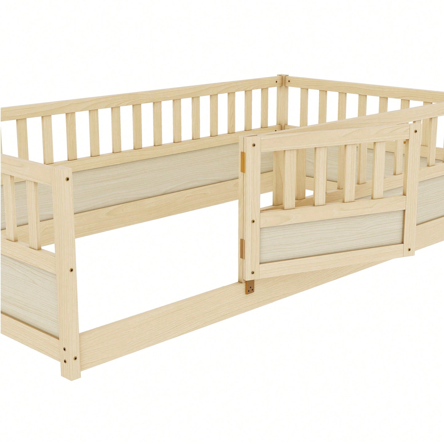 Montessori Twin Size Floor Bed With High Security Barrier And Door - Natural Wood Children's Bed Frame