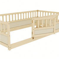 Montessori Twin Size Floor Bed With High Security Barrier And Door - Natural Wood Children's Bed Frame
