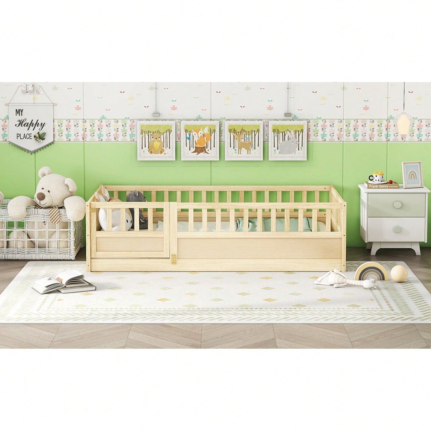 Montessori Twin Size Floor Bed With High Security Barrier And Door - Natural Wood Children's Bed Frame