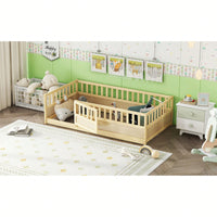 Montessori Twin Size Floor Bed With High Security Barrier And Door - Natural Wood Children's Bed Frame