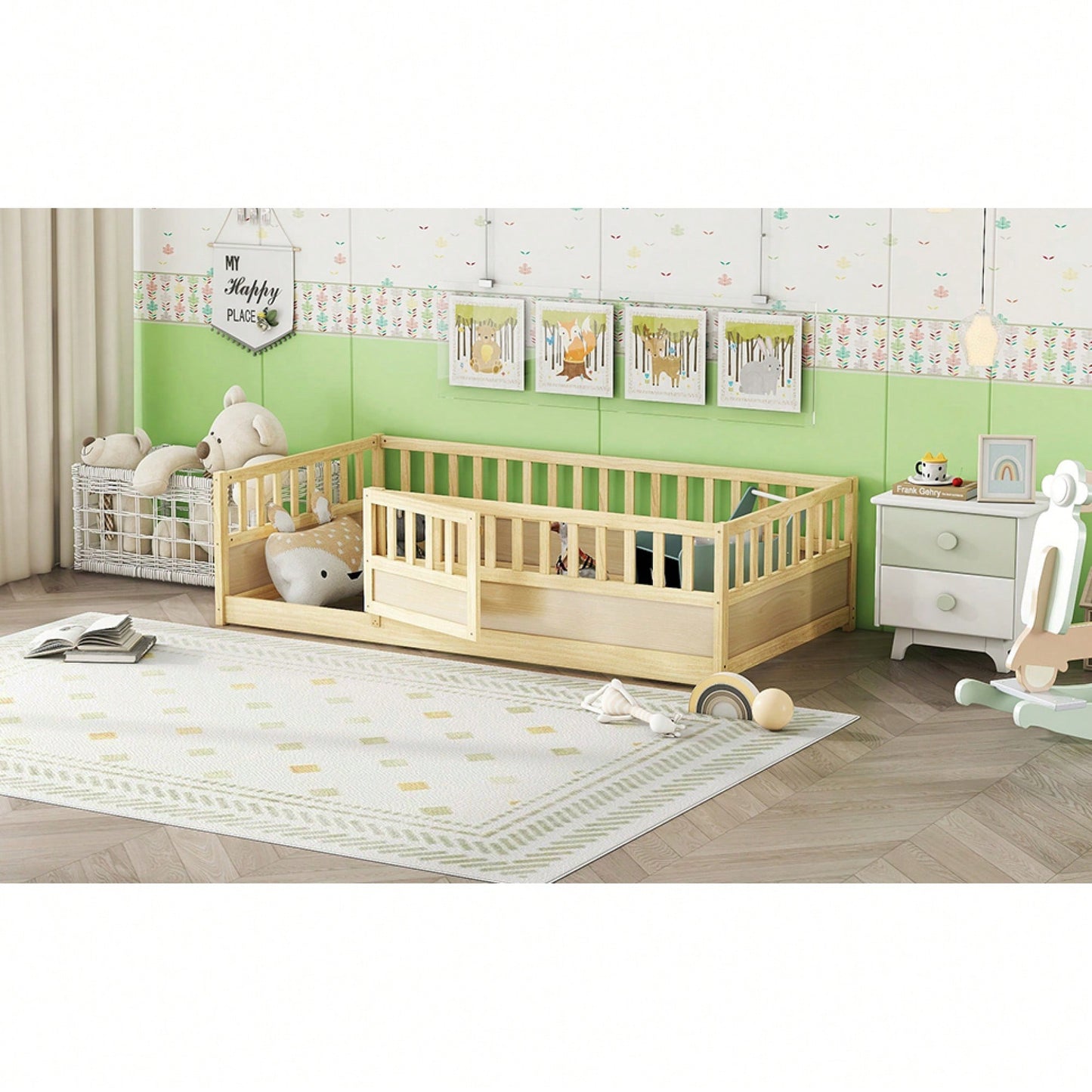 Montessori Twin Size Floor Bed With High Security Barrier And Door - Natural Wood Children's Bed Frame