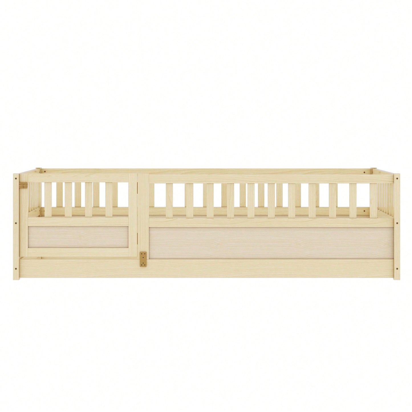 Montessori Twin Size Floor Bed With High Security Barrier And Door - Natural Wood Children's Bed Frame