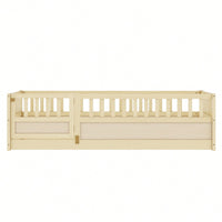 Montessori Twin Size Floor Bed With High Security Barrier And Door - Natural Wood Children's Bed Frame