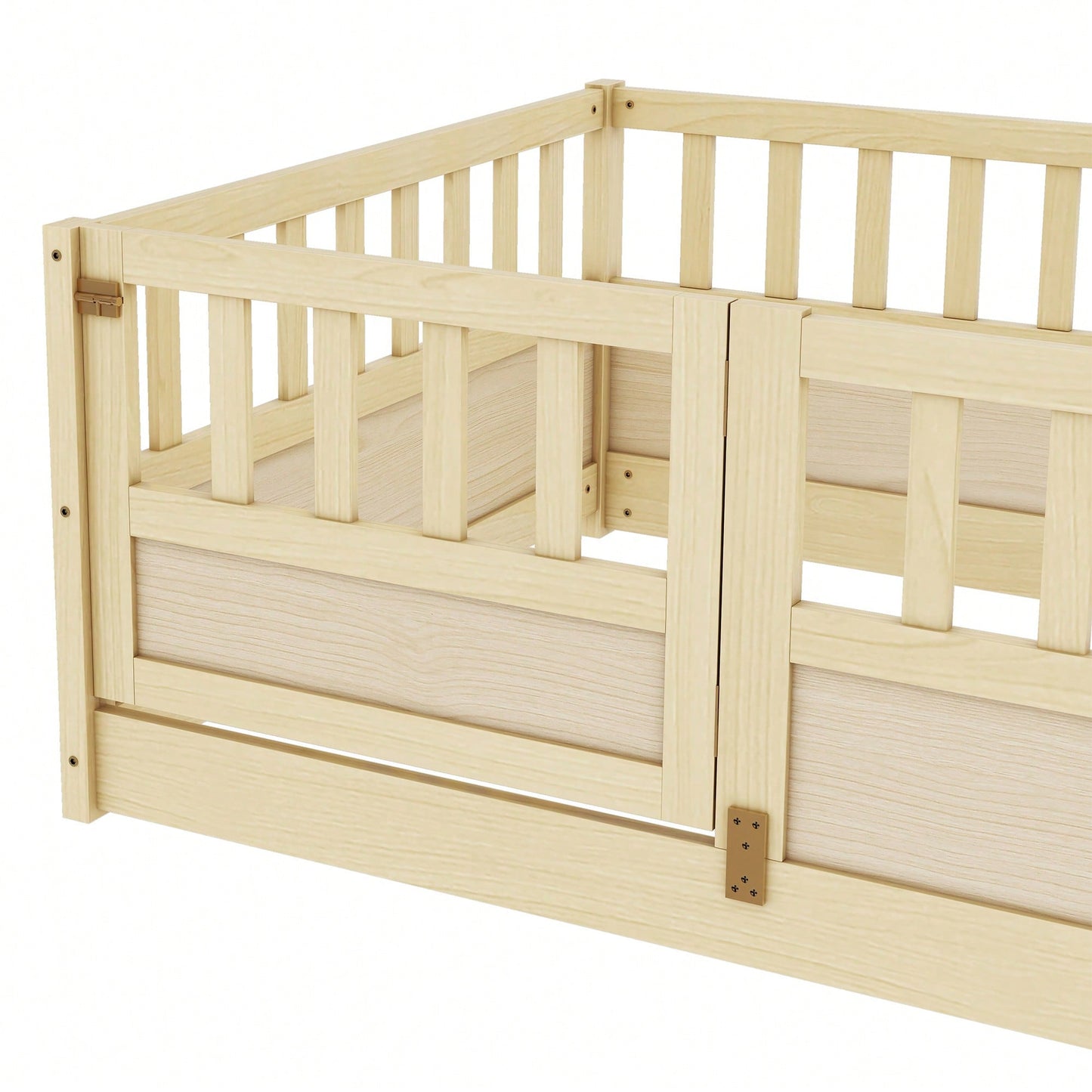 Montessori Twin Size Floor Bed With High Security Barrier And Door - Natural Wood Children's Bed Frame