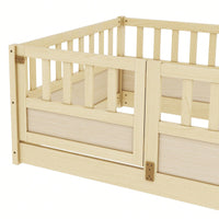 Montessori Twin Size Floor Bed With High Security Barrier And Door - Natural Wood Children's Bed Frame