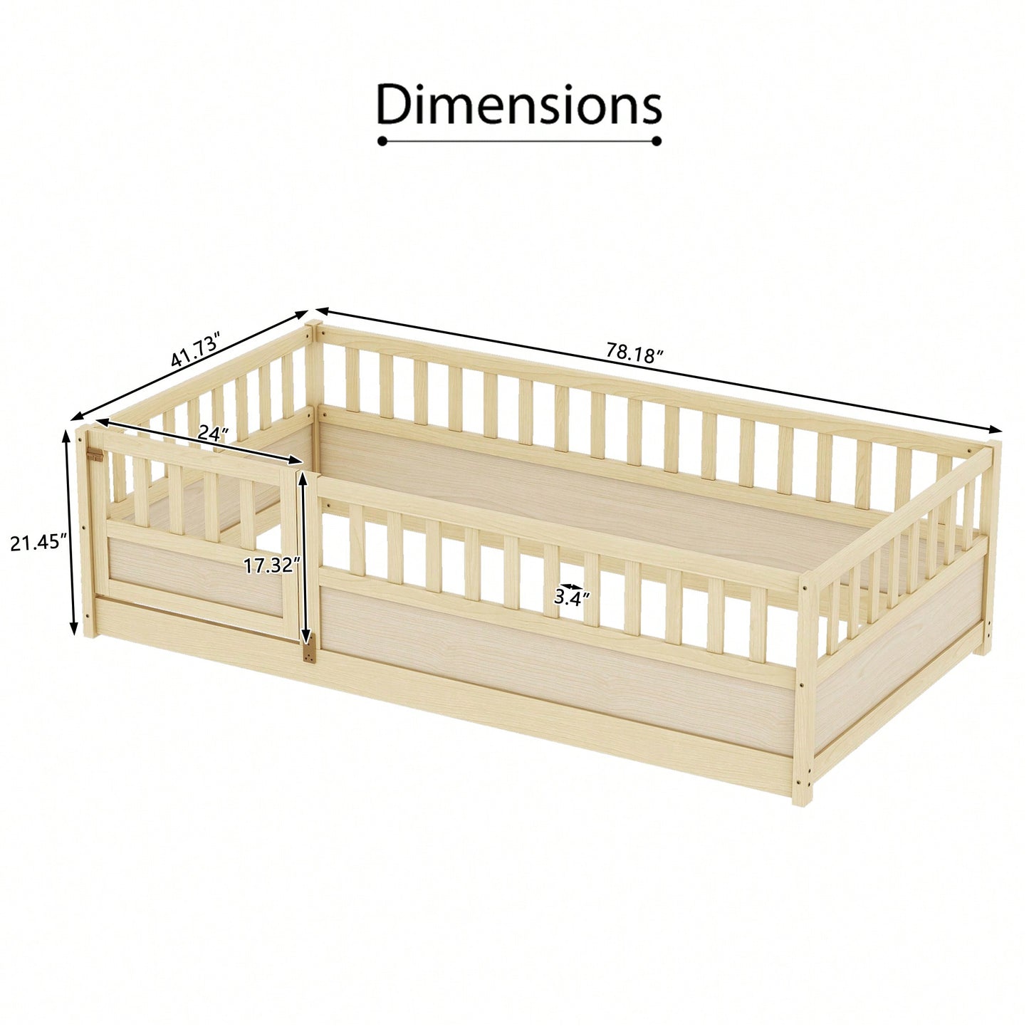 Montessori Twin Size Floor Bed With High Security Barrier And Door - Natural Wood Children's Bed Frame