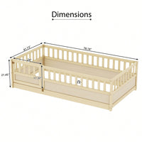 Montessori Twin Size Floor Bed With High Security Barrier And Door - Natural Wood Children's Bed Frame