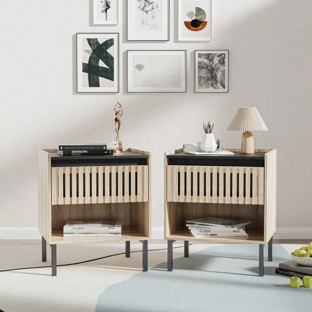 Modern Minimalist Bedside Cabinet Set With Quick Assembly Vertical Stripe Design And Iron Legs For Contemporary Homes