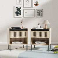 Modern Minimalist Bedside Cabinet Set With Quick Assembly Vertical Stripe Design And Iron Legs For Contemporary Homes
