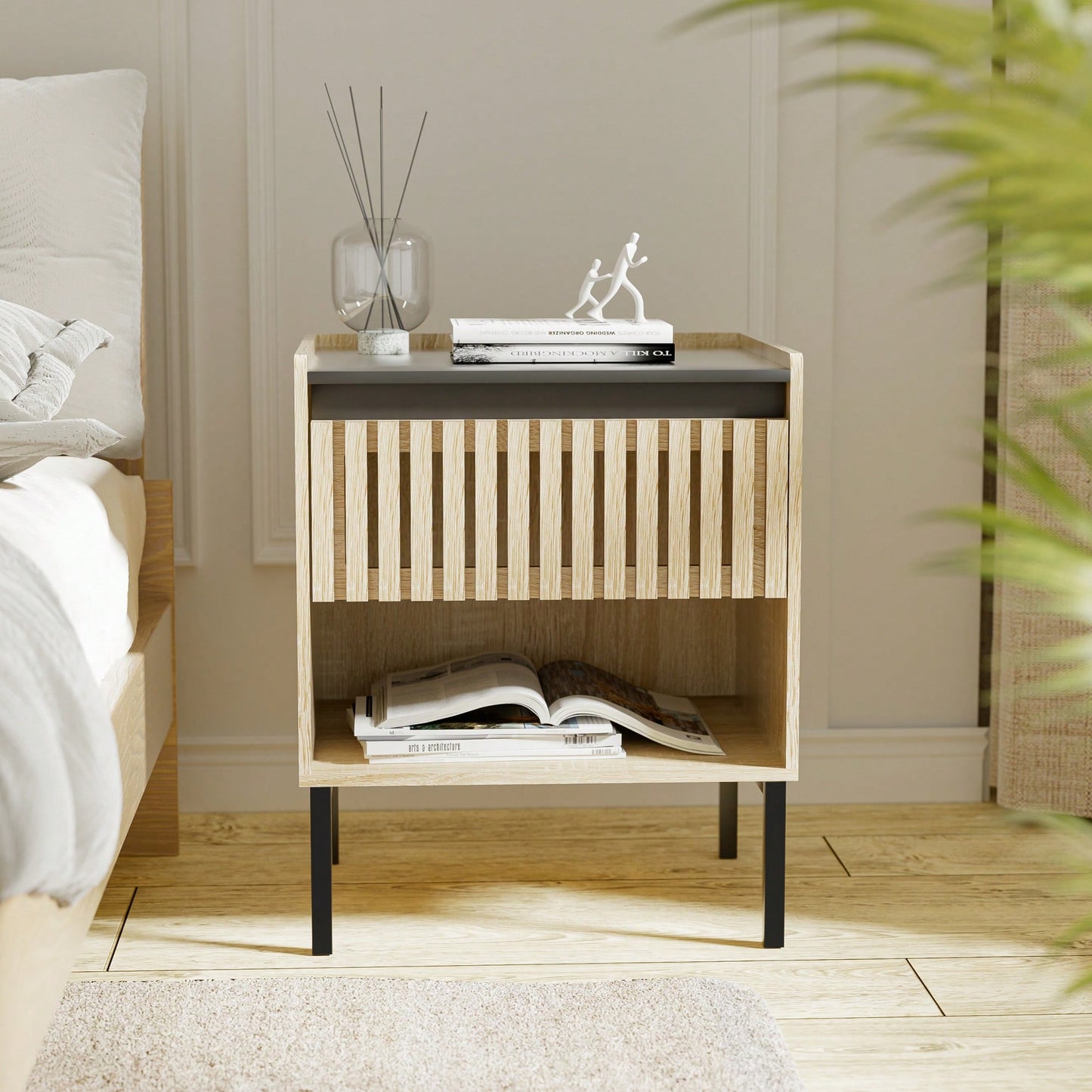 Modern Minimalist Bedside Cabinet Set With Quick Assembly Vertical Stripe Design And Iron Legs For Contemporary Homes