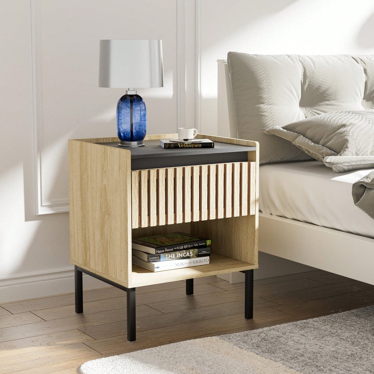 Modern Minimalist Bedside Cabinet Set With Quick Assembly Vertical Stripe Design And Iron Legs For Contemporary Homes