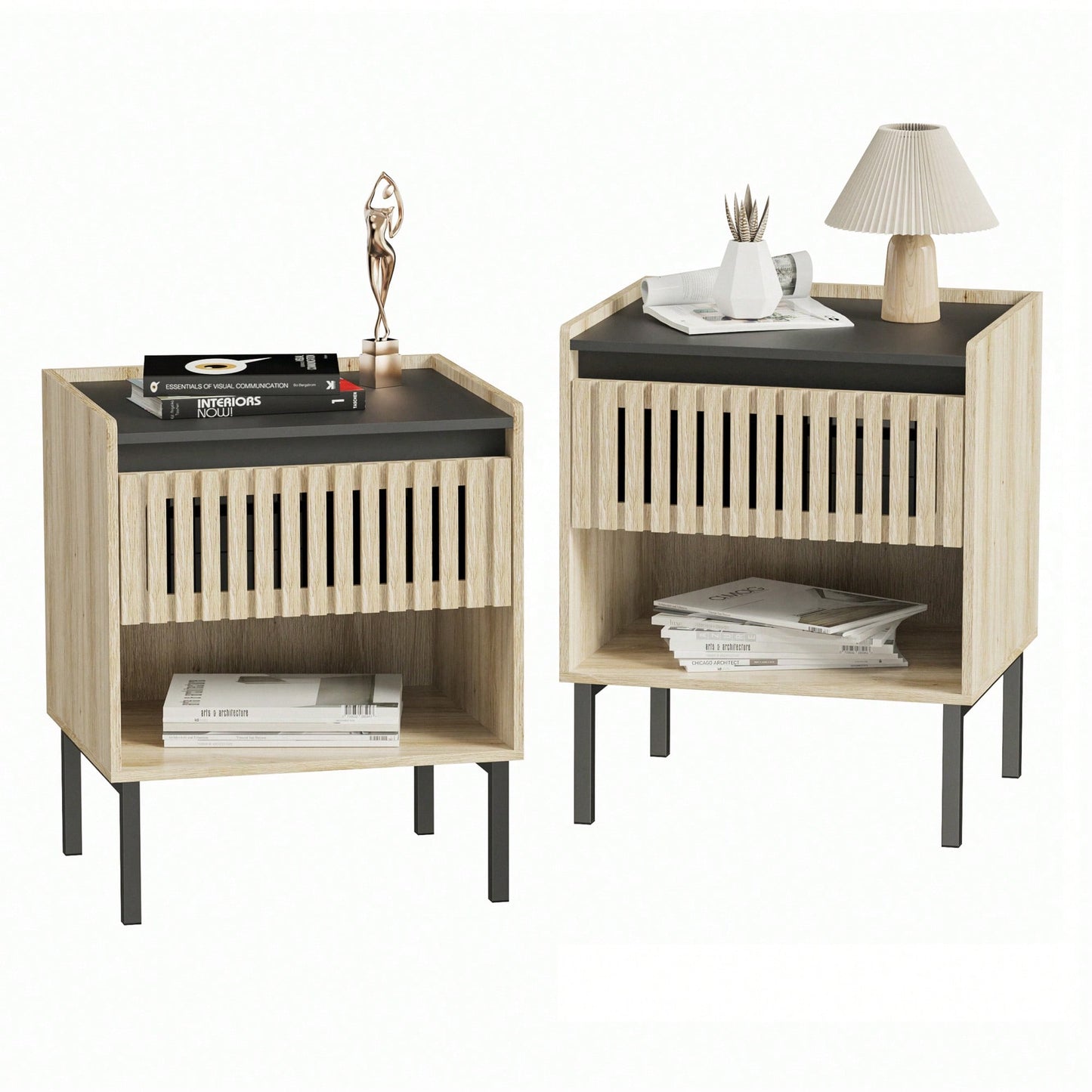 Modern Minimalist Bedside Cabinet Set With Quick Assembly Vertical Stripe Design And Iron Legs For Contemporary Homes