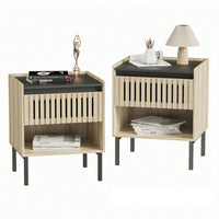 Modern Minimalist Bedside Cabinet Set With Quick Assembly Vertical Stripe Design And Iron Legs For Contemporary Homes