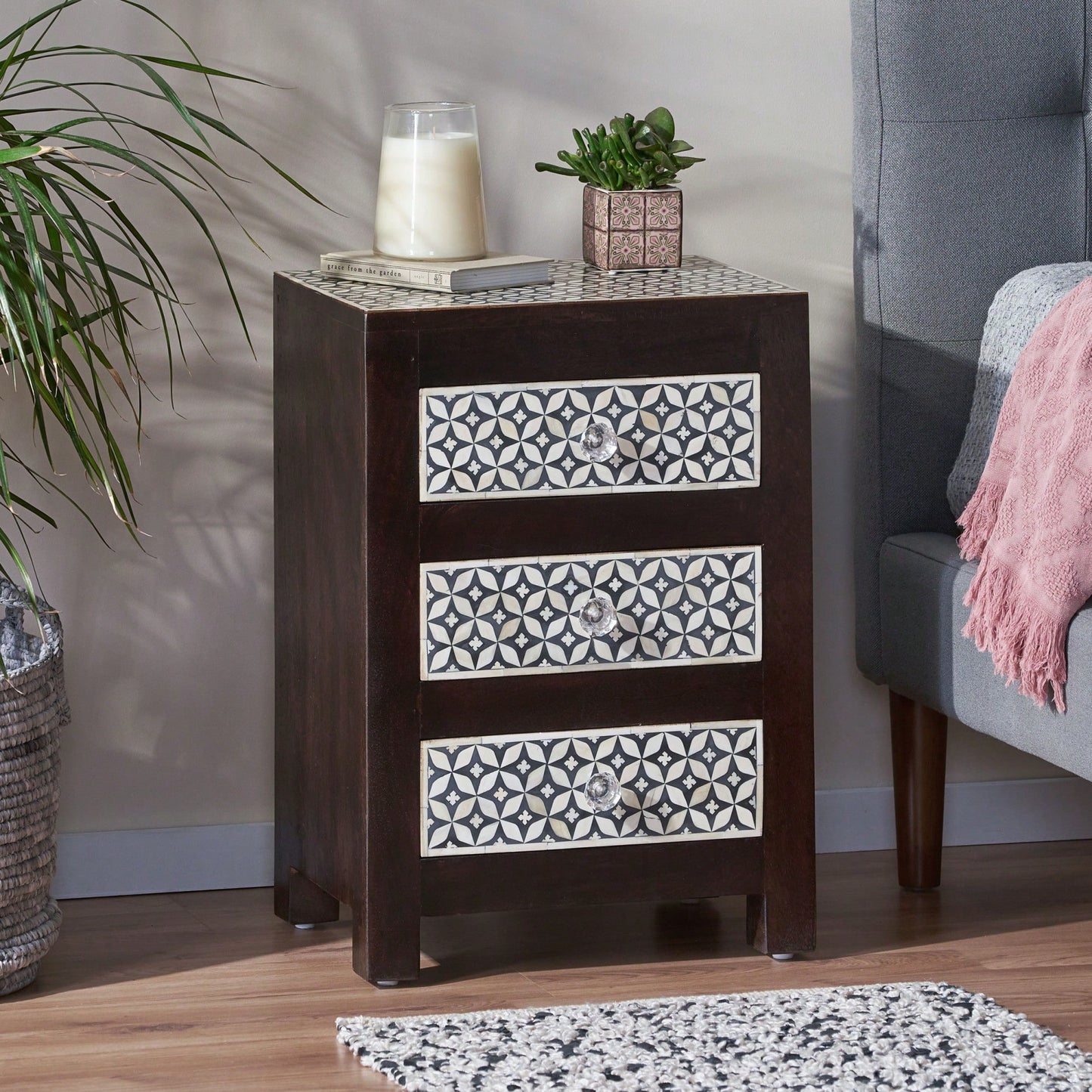 Elegant Wooden Nightstand With 3 Drawers And Bone Inlay Design