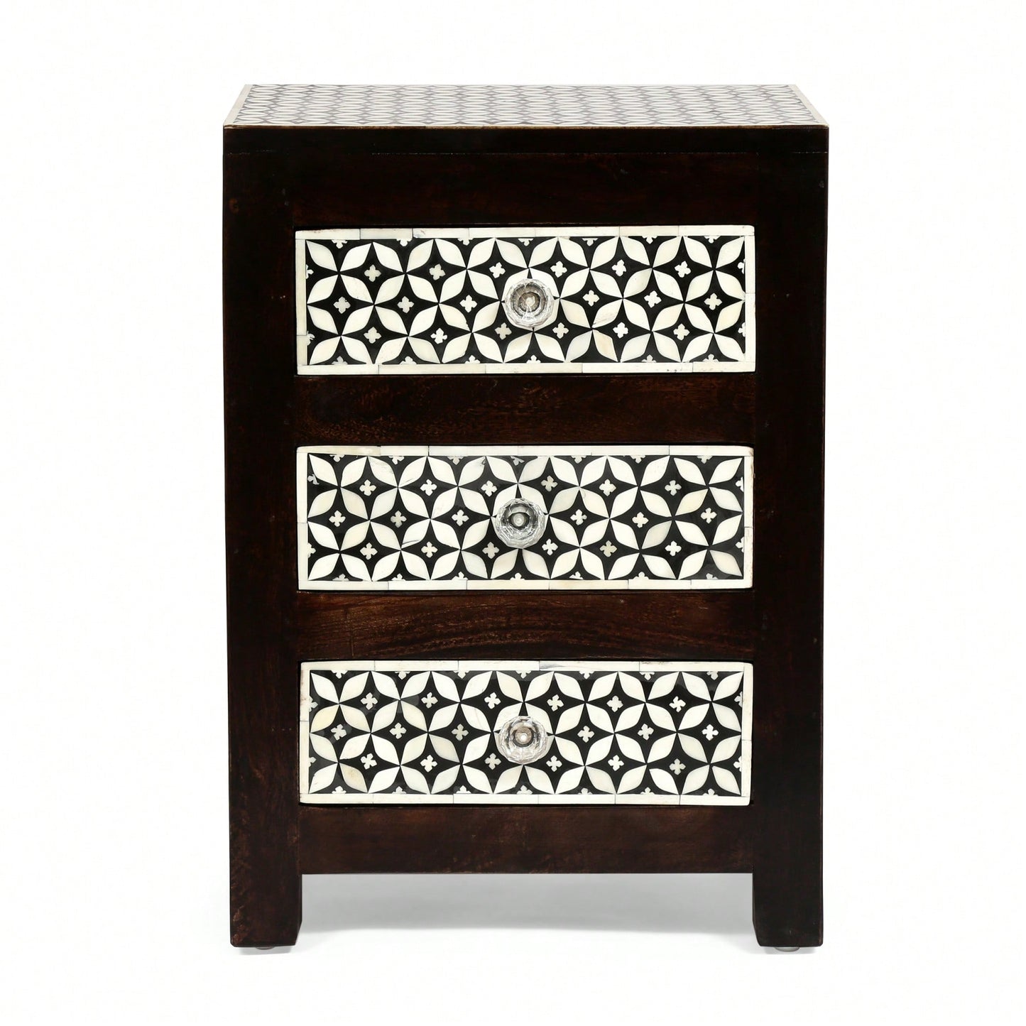 Elegant Wooden Nightstand With 3 Drawers And Bone Inlay Design