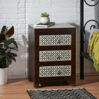 Elegant Wooden Nightstand With 3 Drawers And Bone Inlay Design