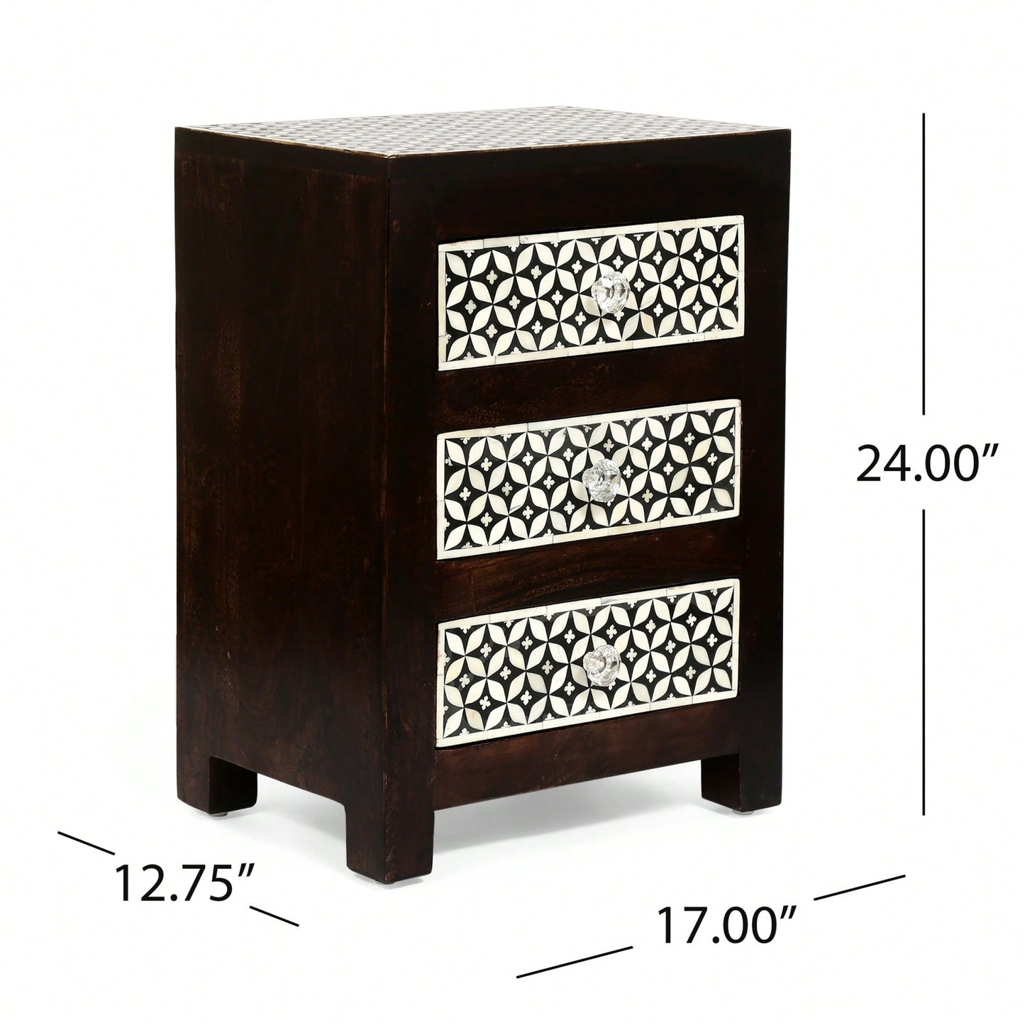 Elegant Wooden Nightstand With 3 Drawers And Bone Inlay Design