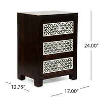 Elegant Wooden Nightstand With 3 Drawers And Bone Inlay Design