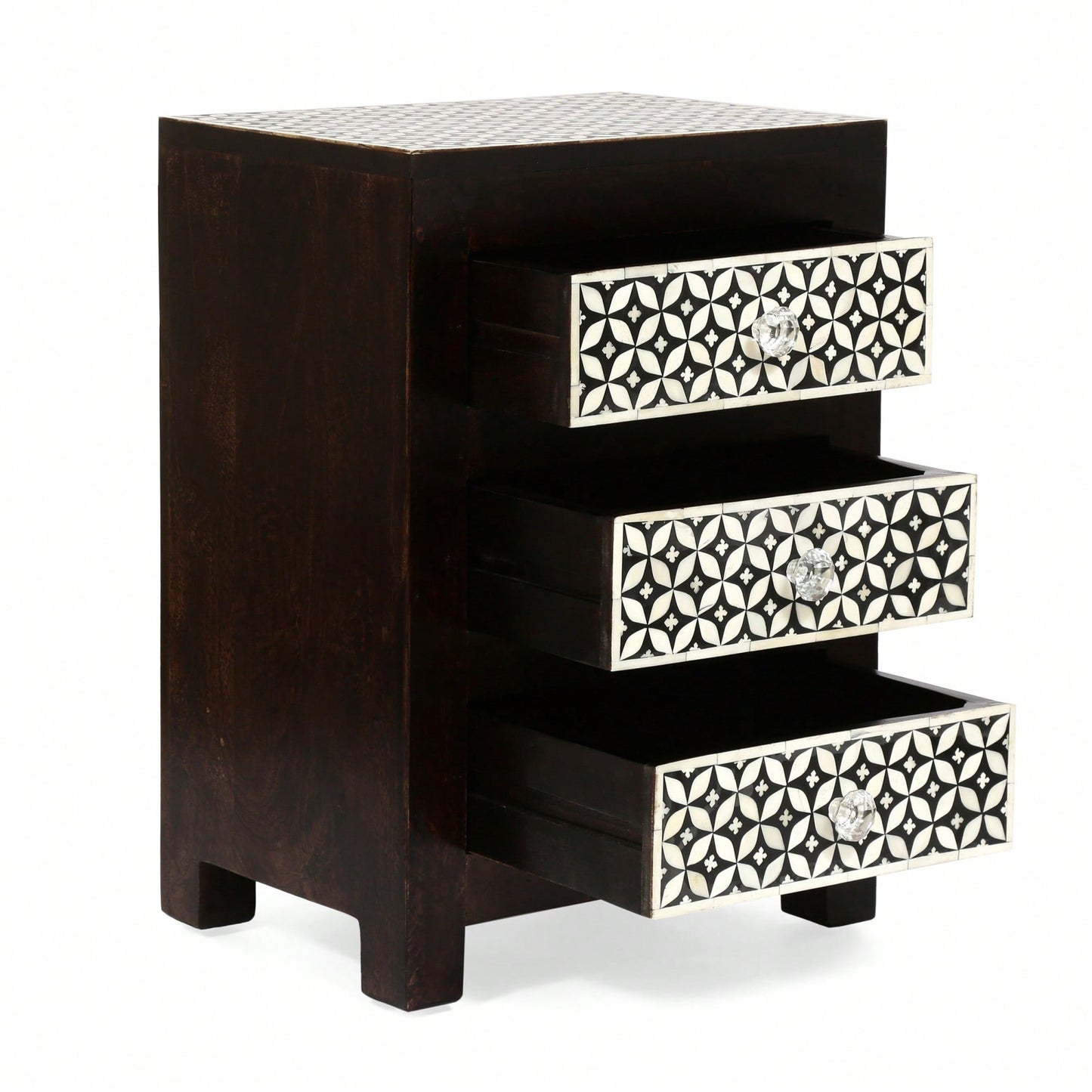 Elegant Wooden Nightstand With 3 Drawers And Bone Inlay Design