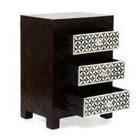 Elegant Wooden Nightstand With 3 Drawers And Bone Inlay Design