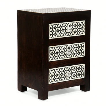 Elegant Wooden Nightstand With 3 Drawers And Bone Inlay Design