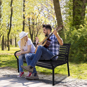 Stylish 45.7 Inch Black Steel And WPC Patio Bench For Outdoor Relaxation