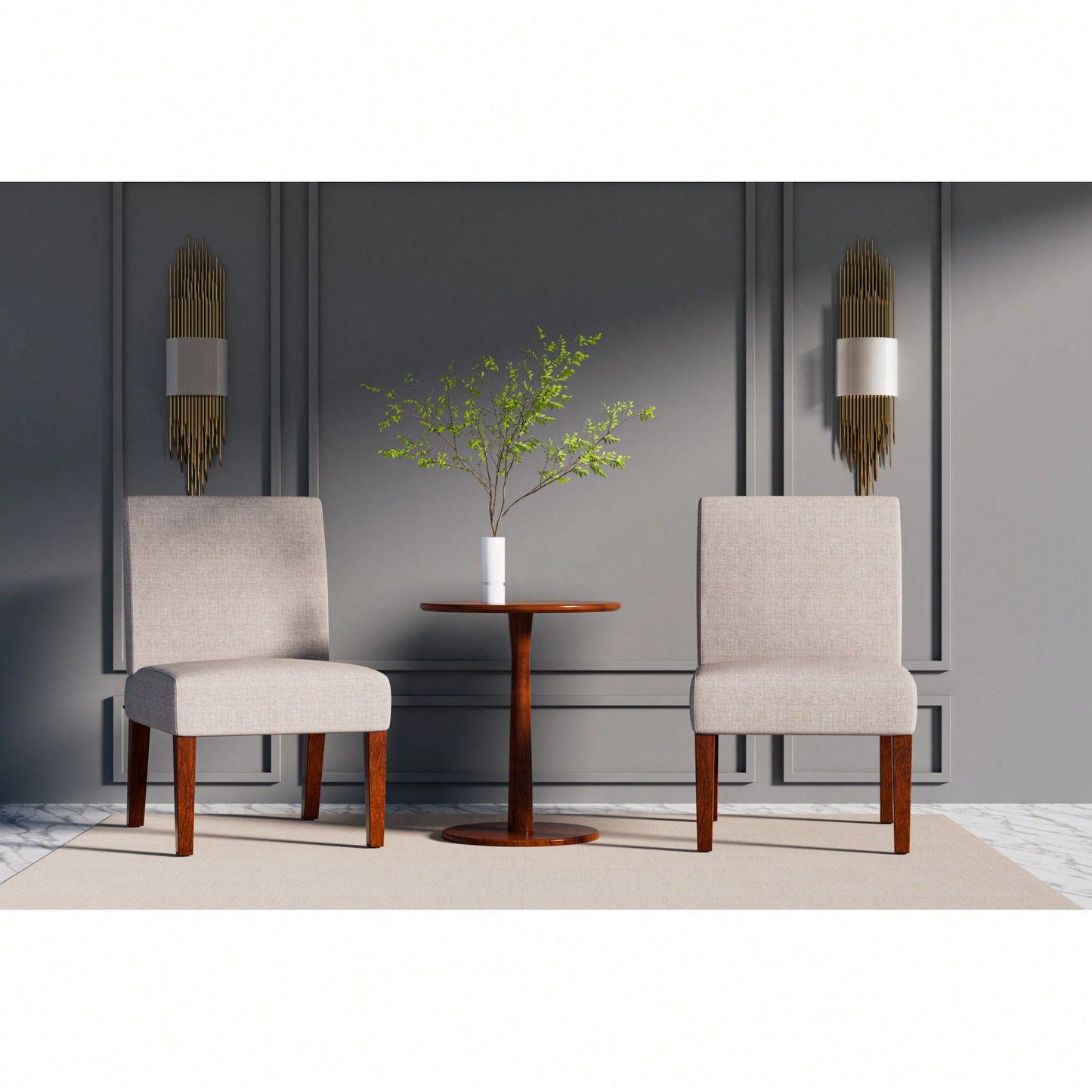 Set Of 2 Fabric Accent Chairs With Round Wood Side Table For Bedroom Or Home Office Corner Seating