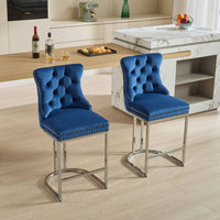 Modern Velvet Counter Height Bar Stools Set of 2 with Button Back Rivet Trim Upholstered Chairs Sturdy Chrome Base Farmhouse Black