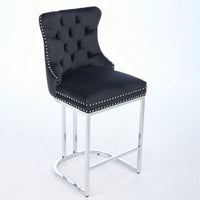 Modern Velvet Counter Height Bar Stools Set of 2 with Button Back Rivet Trim Upholstered Chairs Sturdy Chrome Base Farmhouse Black