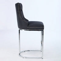 Modern Velvet Counter Height Bar Stools Set of 2 with Button Back Rivet Trim Upholstered Chairs Sturdy Chrome Base Farmhouse Black
