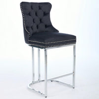Modern Velvet Counter Height Bar Stools Set of 2 with Button Back Rivet Trim Upholstered Chairs Sturdy Chrome Base Farmhouse Black