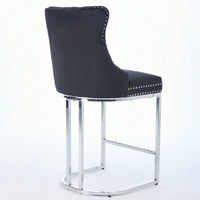Modern Velvet Counter Height Bar Stools Set of 2 with Button Back Rivet Trim Upholstered Chairs Sturdy Chrome Base Farmhouse Black