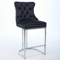 Modern Velvet Counter Height Bar Stools Set of 2 with Button Back Rivet Trim Upholstered Chairs Sturdy Chrome Base Farmhouse Black